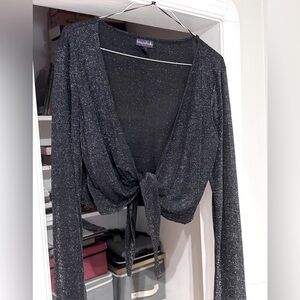 ✨ Elegant Vintage Long Tall Sally Black Glitter Tie-Front Shrug – Size L